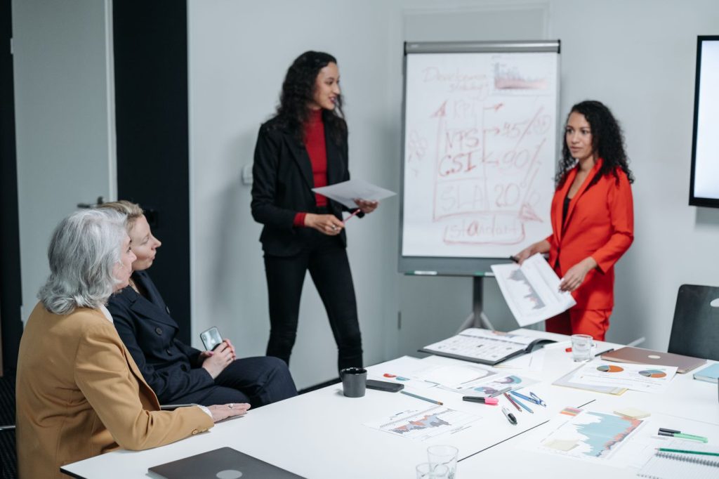 Management team presenting business systems and operating results